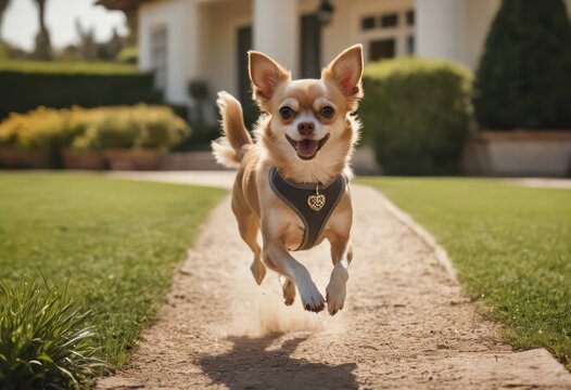 chihuahua dog running happy on the green grass of the gerden of elegant villa, doggy playing outddors in the coutyard of a house, adorable purebred pet
