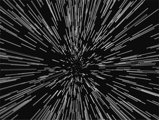 A black and white of a starburst with many white lines. The starburst is of a space scene