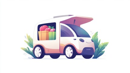 Futuristic eco-friendly delivery vehicle transporting groceries in a vibrant urban environment