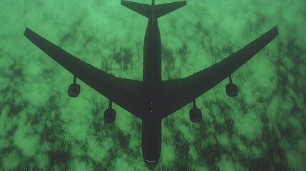 An overhead shot of an airplane flying in the green atmosphere