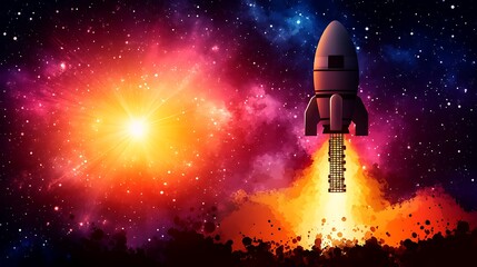 Obraz premium A cartoon rocket ship is ascending through the colorful cosmos