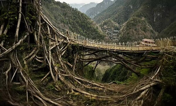 Living root bridge, mountain village, Asia, travel