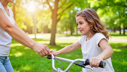 Obraz premium Mother guiding daughter on bicycle in sunny park, childhood joy