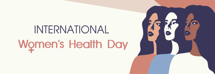  International Women's Health Day. Women's Month. Women together. Vector horizontal flat banner place for text for women's projects, women's day, health day, feminism