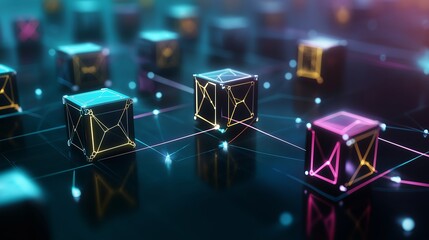 Abstract blockchain concept with colorful D cubes connected by neon lines, representing data security