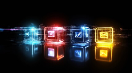 Abstract blockchain concept with colorful D cubes connected by neon lines, representing data security