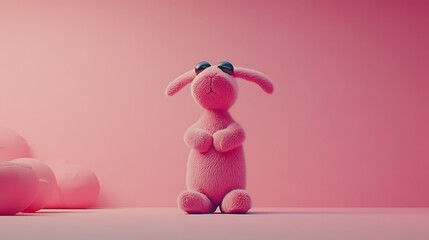 Pink plush bunny toy on pink background.