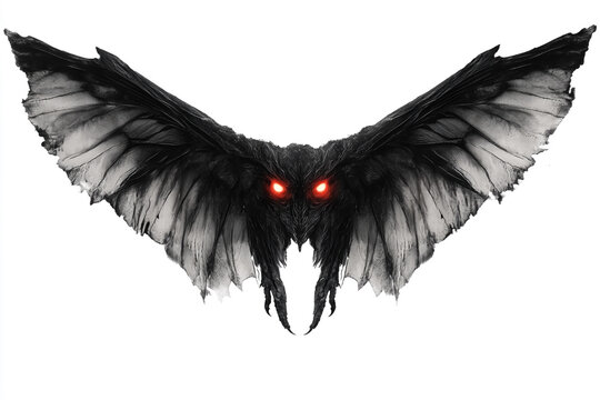 Dark Legendary Mothman with Burning Red Eyes &ndash; Creepy Halloween Cryptid, Mysterious Shadowy Monster with Detailed Wings on a White Background