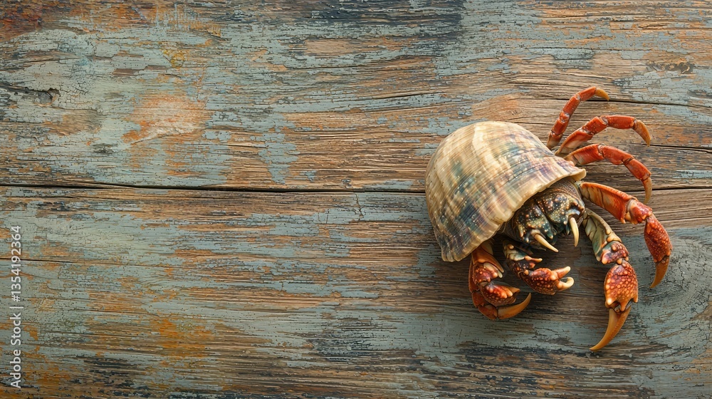 Poster A hermit crab with its shell isolated on a wooden-textured background. 