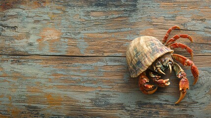 A hermit crab with its shell isolated on a wooden-textured background. 