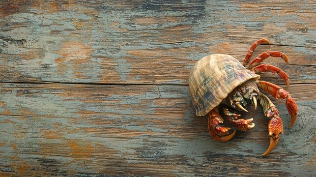 A hermit crab with its shell isolated on a wooden-textured background.