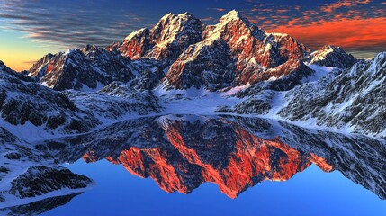 Majestic mountain lake sunset reflection, winter landscape