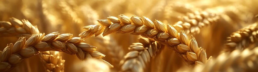 Close up image shows golden wheat plants in a field