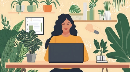 Fototapeta premium A woman is sitting at a desk with a laptop in front of her