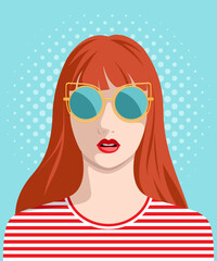 1547_Beautiful redhead woman wearing fashionable golden sunglasses and striped T-shirt