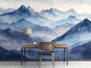 A desk with a lamp and chair positioned in front of a large mountain mural, featuring rolling peaks and soft natural hues. The mural transforms the space into a tranquil retreat.  