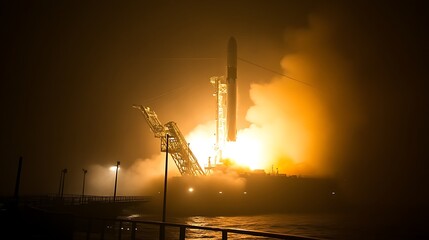Naklejka premium A Large Rocket Ignites And Launches Into The Atmosphere Above Water