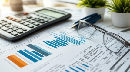 Obraz premium Business documents with charts, graphs, calculator and eyeglasses