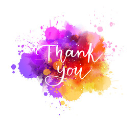 Thank you - handwritten modern calligraphy lettering on abstract multicolored watercolor splash background