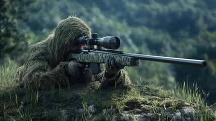 camouflaged sniper aiming rifle in forest