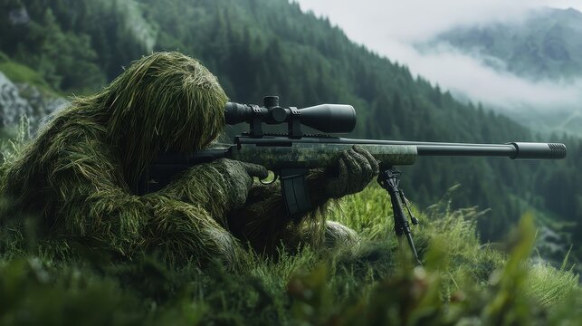 camouflaged sniper in mountainous terrain