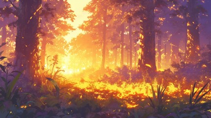 forest with sunset view wallpaper background illustration digital art painting artwork 