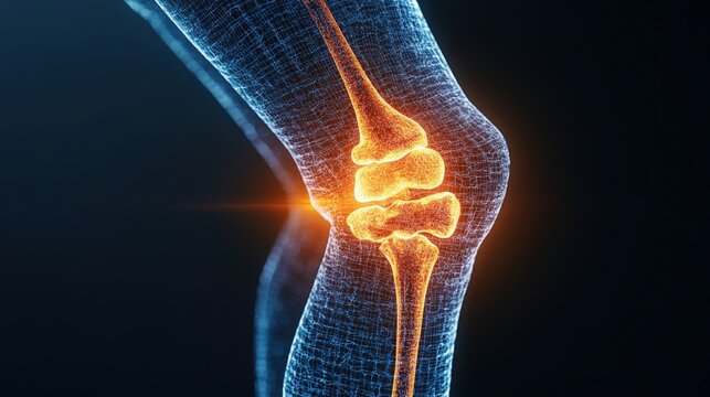 Stylized Digital Rende of a Human Knee Joint with Highlighted Bones in Blue and Inflammation Area Depicted in Orange for Medical Visualization Purposes