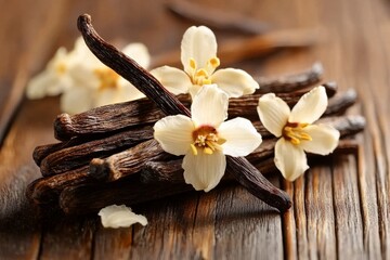 Naklejka premium Beautifully preserved vanilla flowers alongside dried pods for a natural touch.