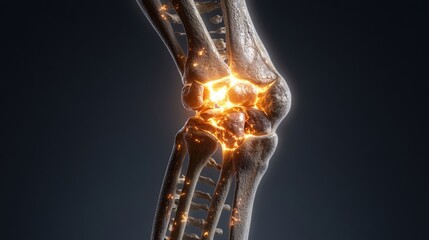 Detailed close-up digital rende of a human knee joint with bones and glowing orange light illustrating inflammation or damage in the knee area