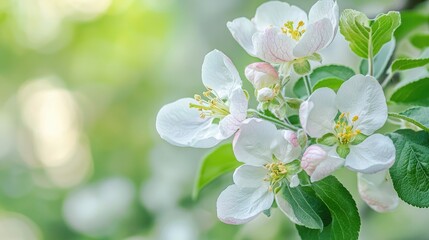 Obraz premium A macro view of apple blossoms with a soft green orchard background.