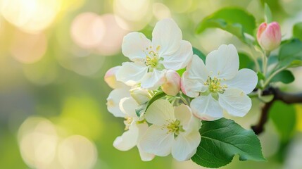 Obraz premium A macro view of apple blossoms with a soft green orchard background. 
