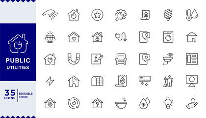 Pixel Perfect Public Utilities outline icons with editable stroke collection. Includes Water, Electricity, Solar House, with Editable stroke.