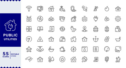 Pixel Perfect Public Utilities outline icons with editable stroke collection. Includes Water, Electricity, Solar House, with Editable stroke.