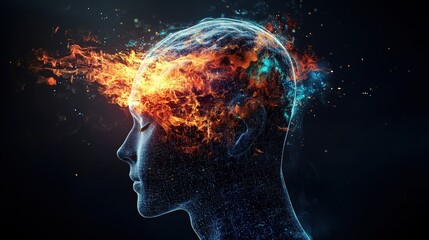 Stylized profile of a human head in glowing blue and orange lines with fiery orange and teal flames erupting from temples and forehead area, artistic vision