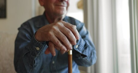 Optimistic elderly 75s man dressed casually relaxing seated alone in cozy living room, holding wooden cane, looks aside with joyful expression close up cropped view. Senility, gerontology, retirement - Powered by Adobe