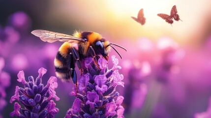 Bumble Bee Pollinating Lavender at Sunset
