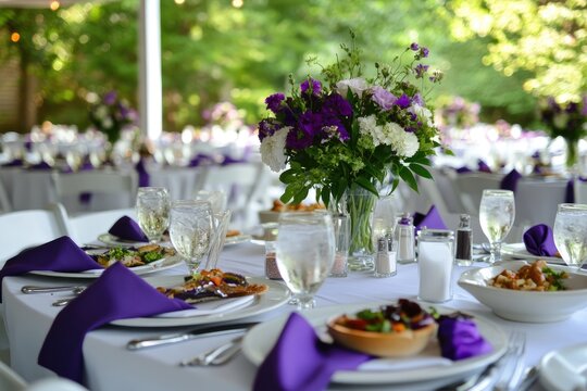 Outdoor wedding reception, elegantly set tables with purple accents and floral arrangements