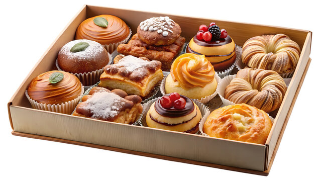 Assorted Delicious Pastries and Sweet Breads in a Wooden Box