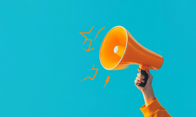 Minimal collage of a hand holding a megaphone on a blue background with an orange circle and lightning, layout for a banner or poster design.