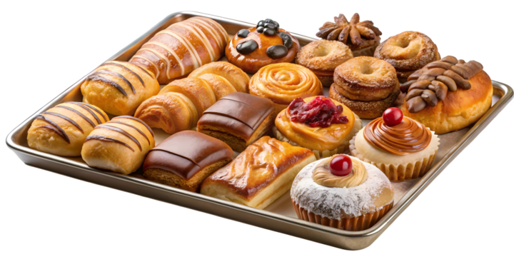 Assorted Delicious Bakery Treats on a Metal Tray A Variety of Pastries and Sweet Breads