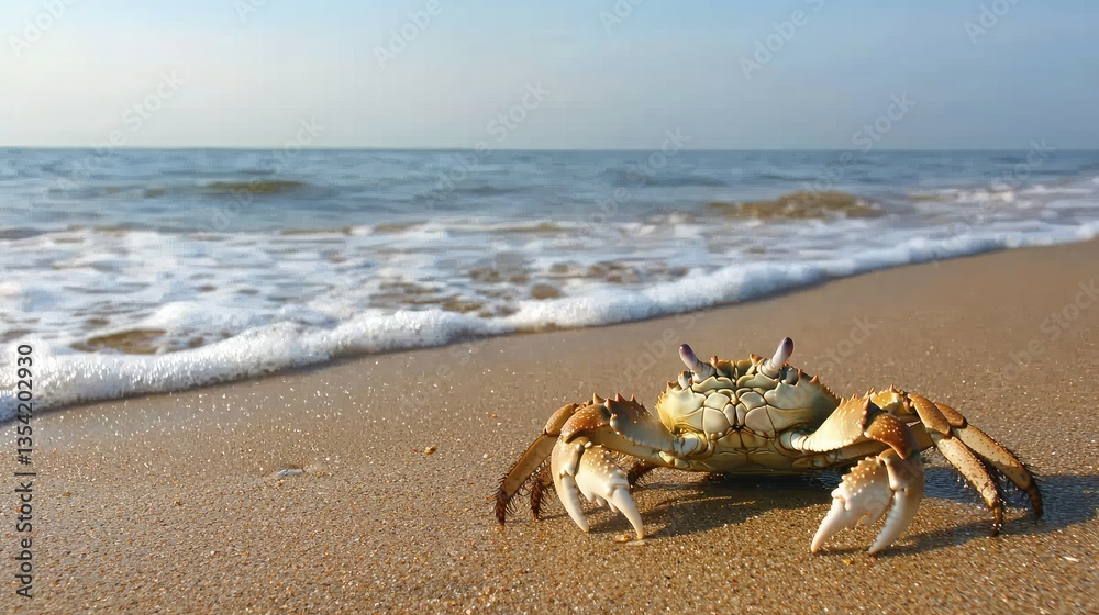 Poster a maryland crab resting on a sandy beach with gentle waves in the distance.