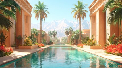 Fototapeta premium Oasis Pool Ancient Architecture, Desert Landscape