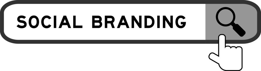 Search banner in word social branding with hand over magnifier icon on white background