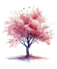 Obraz premium Watercolor painting of pink blossoming tree on white background