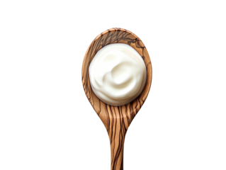 Yogurt in wooden spoon isolated on transparent background