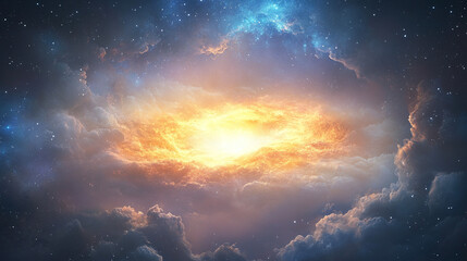 Fototapeta premium Abstract cosmic black hole surrounded by swirling nebulae and radiant energy, depicting a vibrant celestial vortex with glowing accretion disk, gravitational warping, and deep-space mystery in a mesme