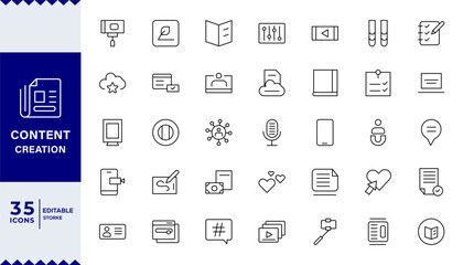 Pixel Perfect Set of outline icons related to content creation, media.video player, creator, copywriting, film Editable stroke.
