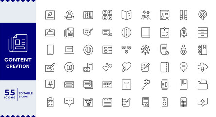 Pixel Perfect Set of outline icons related to content creation, media.video player, creator, copywriting, film Editable stroke.