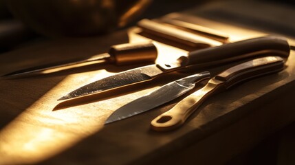 Obraz premium Golden knives on wooden cutting board in sunlight