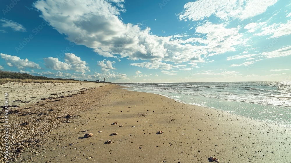 Poster A panoramic view of a beach with scattered crabs and a distant lighthouse.